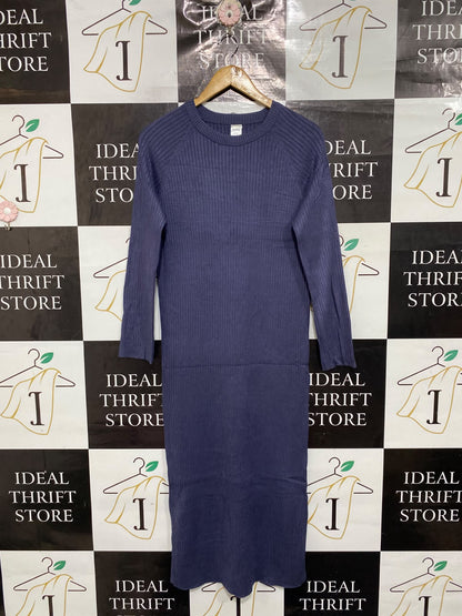 ANKO |S | BUST 17 | A75|  BLUE RIBBED CREW-NECK KNIT MIDI DRESS