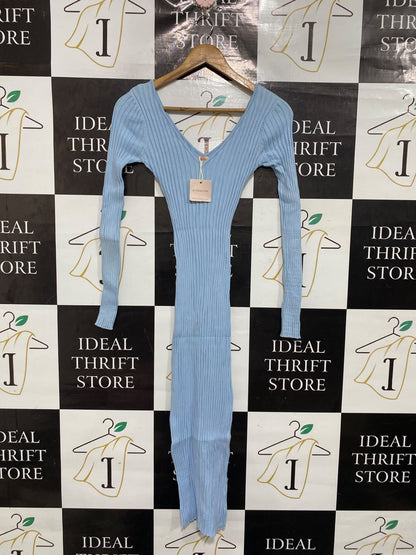 SJ COLLECTION |XS | BUST 12 | A75|  BABY BLUE V-NECK RIBBED KNIT MIDI DRESS