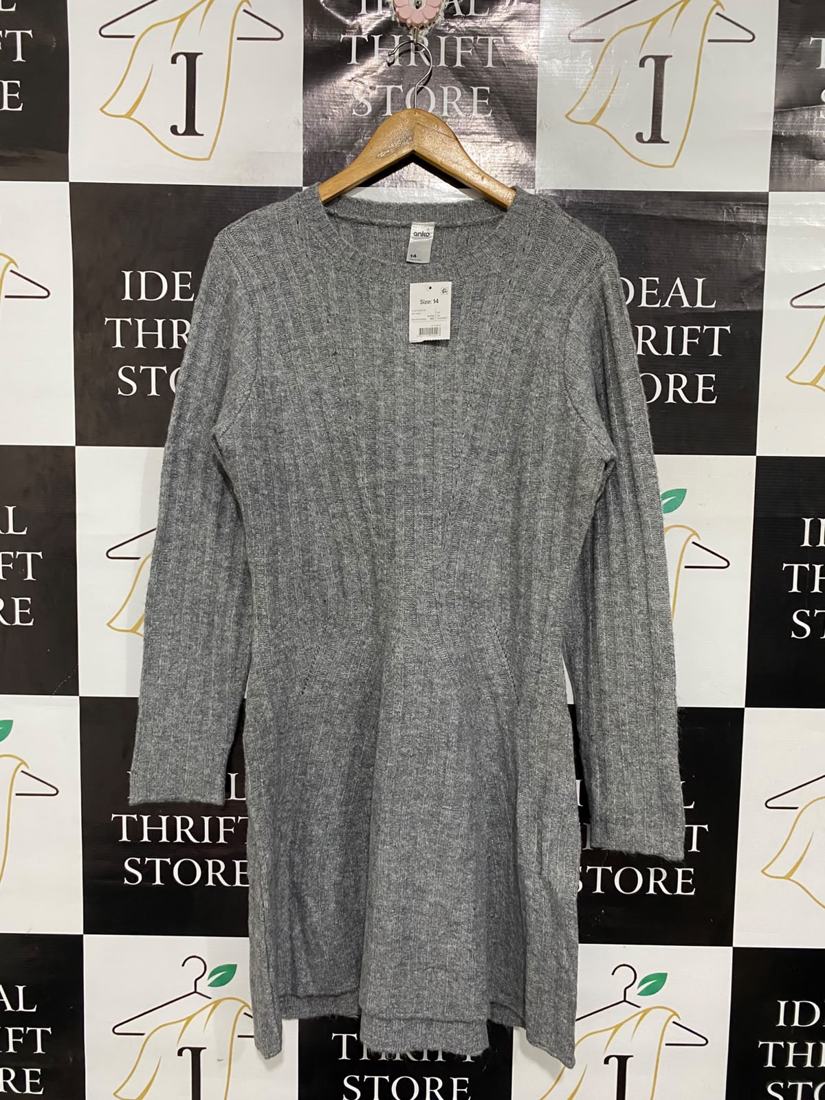 ANKO |L | BUST 18 | A75|  GREY MELANGE RIBBED CREW-NECK KNIT DRESS