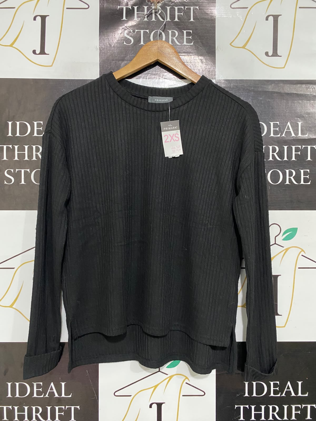 PRIMARK |XS | BUST 19 | A75|  BLACK RIBBED CREW-NECK HIGH-LOW TOP
