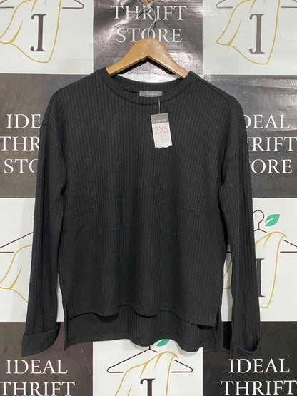 PRIMARK |XS | BUST 19 | A75|  BLACK RIBBED CREW-NECK HIGH-LOW TOP