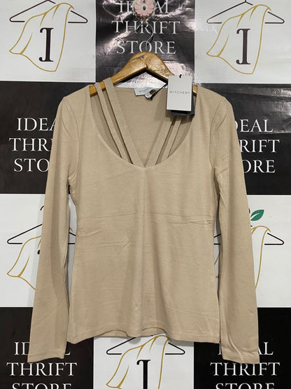 WITCHERY |M | BUST 17 | A75|  BEIGE STRAPPY V-NECK RIBBED KNIT TOP