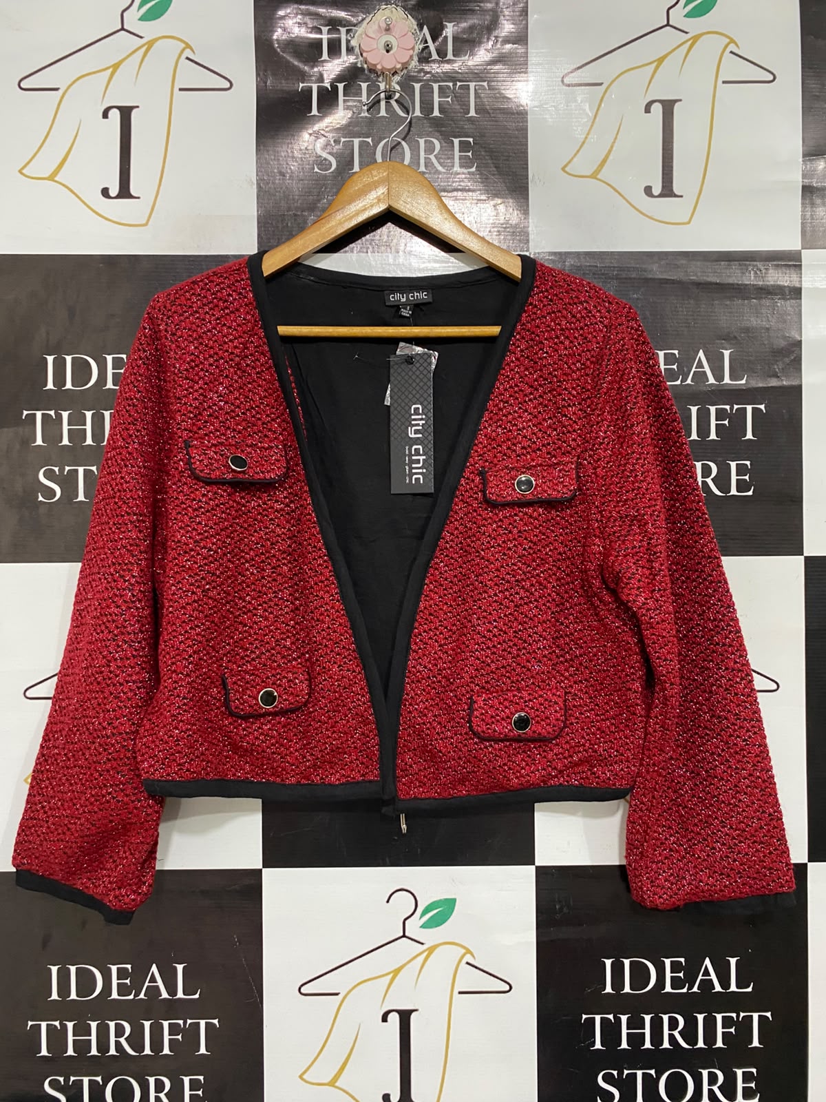 CITY CHIC |S | BUST 22 | A75|  RED TWEED OPEN-FRONT CROPPED JACKET