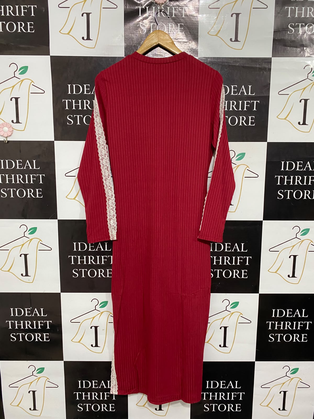 ZEAGOO |L | BUST 19 | A75|  RED LACE-TRIM RIBBED KNIT MIDI DRESS