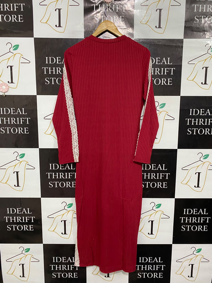 ZEAGOO |L | BUST 19 | A75|  RED LACE-TRIM RIBBED KNIT MIDI DRESS