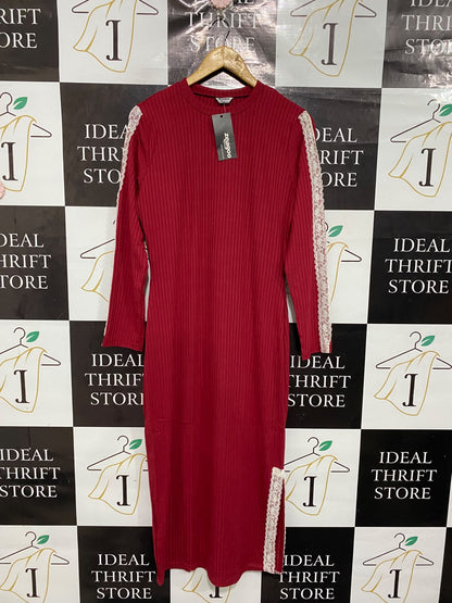 ZEAGOO |L | BUST 19 | A75|  RED LACE-TRIM RIBBED KNIT MIDI DRESS