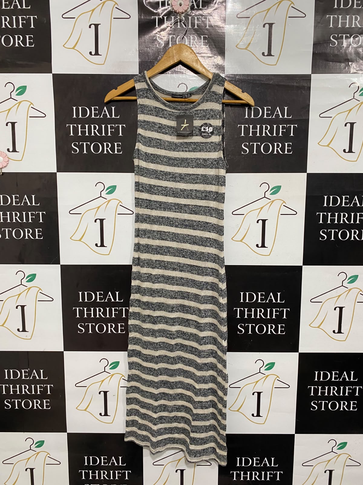 ATMOSPHERE |M | BUST 14 | A75|  GREY STRIPED SLEEVELESS KNIT MIDI DRESS