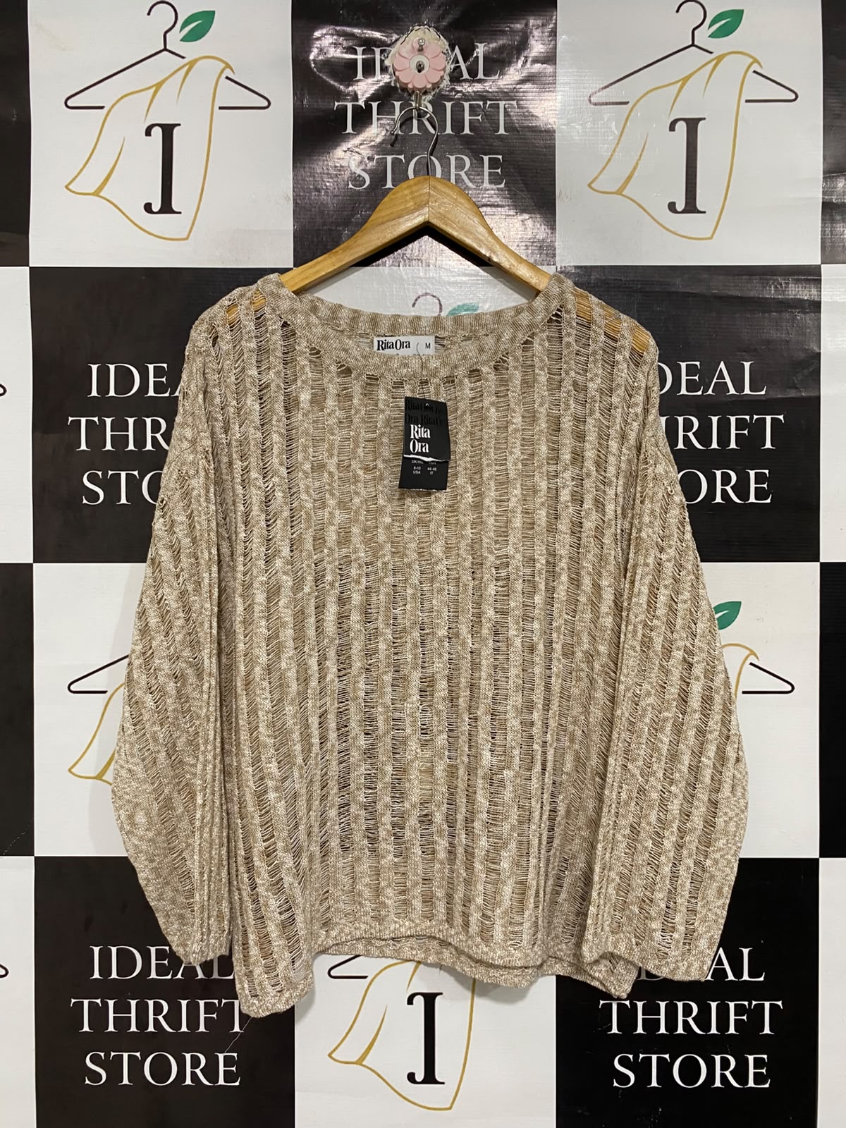 PRIMARK  |M | BUST 24 | A75| RITA ORA X BEIGE DISTRESSED OPEN-KNIT JUMPER