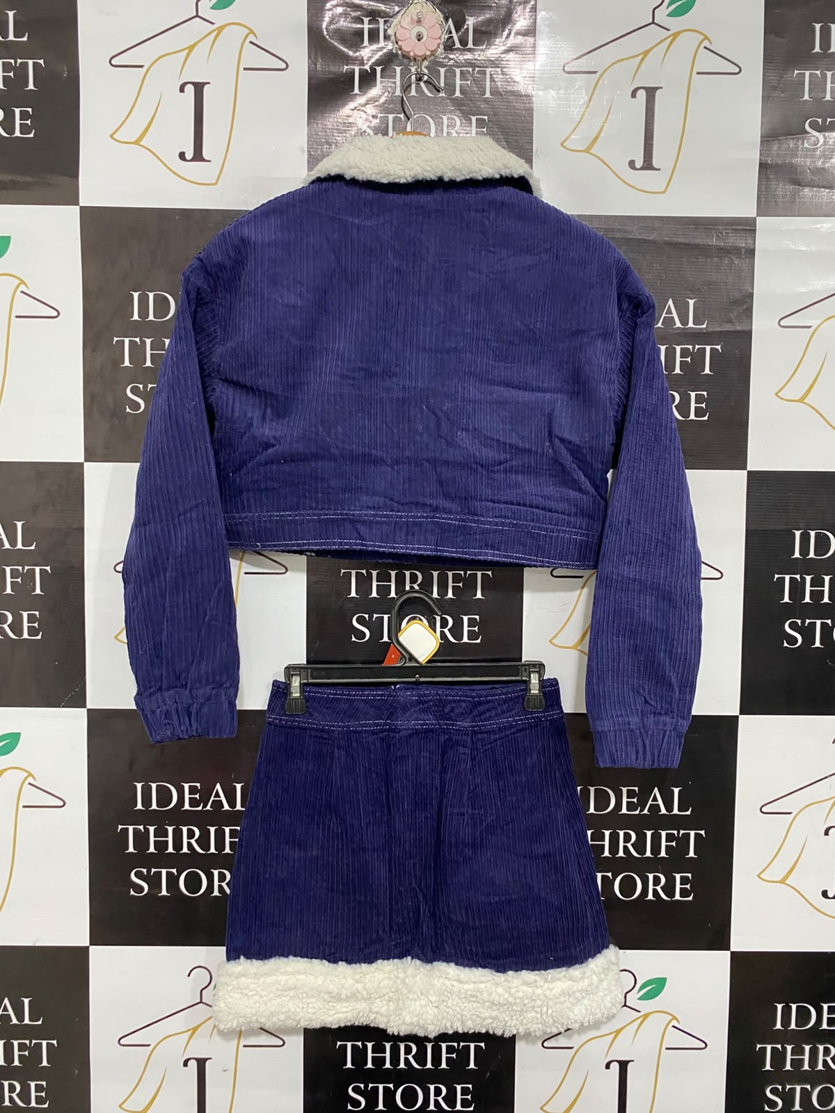 FRUNWAY | XS | A74 |  BLUE CORDUROY SHERPA-TRIM JACKET & SKIRT TWO-PIECE SET