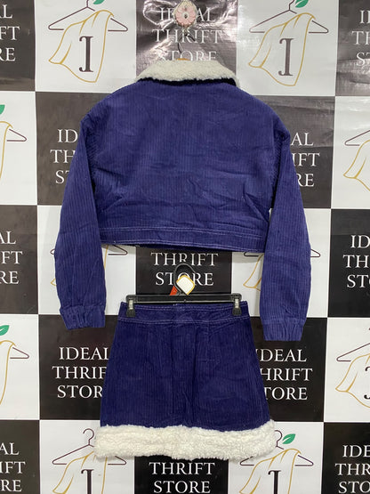 FRUNWAY | XS | A74 |  BLUE CORDUROY SHERPA-TRIM JACKET & SKIRT TWO-PIECE SET