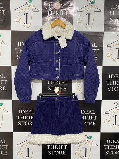 FRUNWAY | XS | A74 |  BLUE CORDUROY SHERPA-TRIM JACKET & SKIRT TWO-PIECE SET