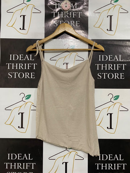 DEIJI STUDIOS |S | BUST 15 | A74 |  BEIGE COWL-NECK TIE-STRAP RIBBED CAMI TOP