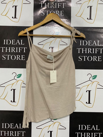 DEIJI STUDIOS |S | BUST 15 | A74 |  BEIGE COWL-NECK TIE-STRAP RIBBED CAMI TOP
