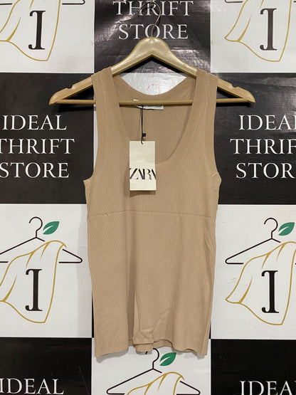 ZARA |M | BUST 13 | A74 |  BEIGE RIBBED SCOOP-NECK TANK TOP