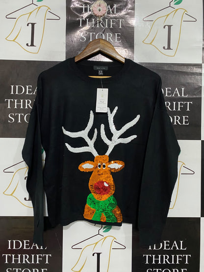 NEW LOOK |M | BUST 22 | A74| BLACK SEQUIN REINDEER CHRISTMAS JUMPER