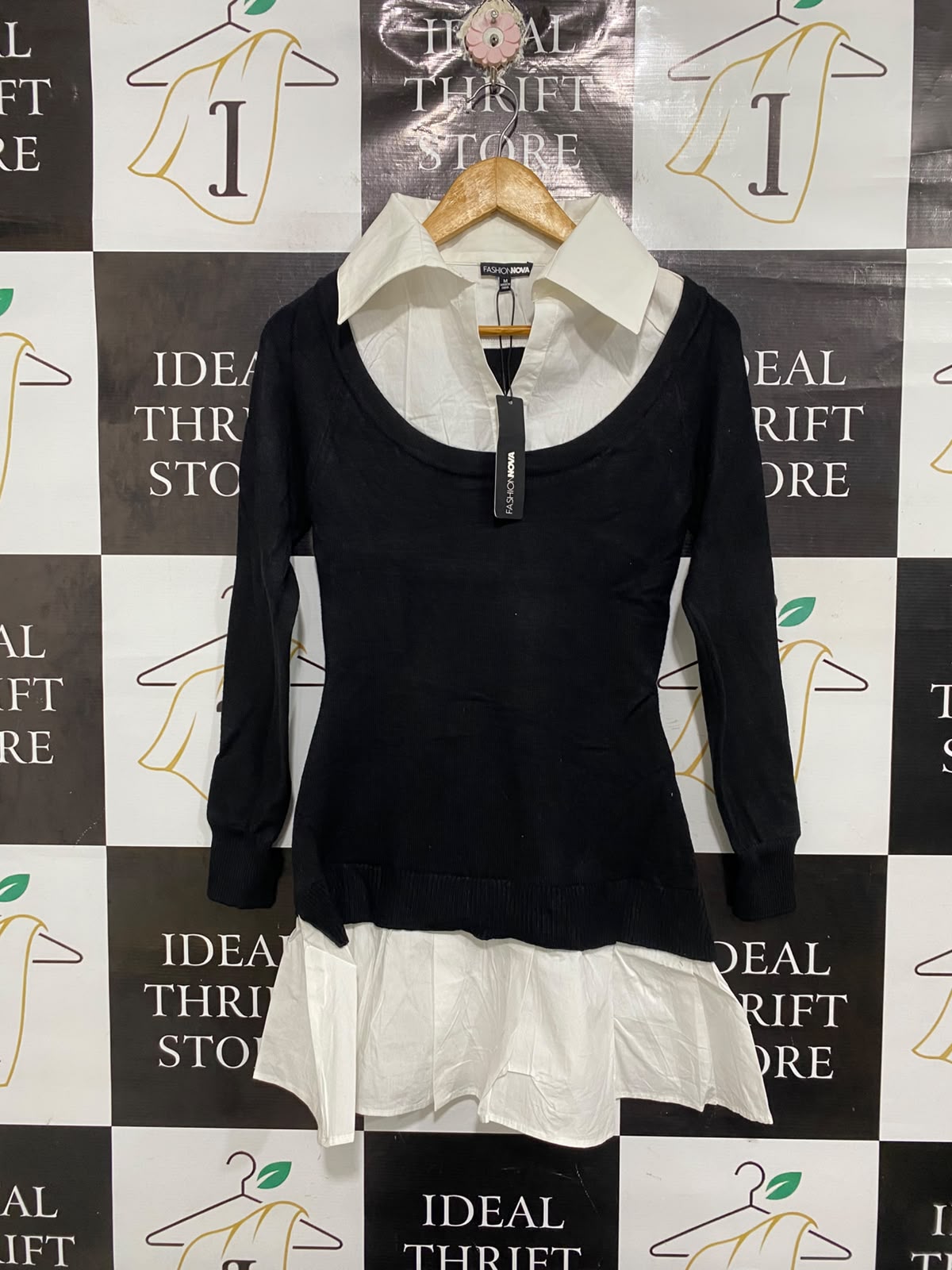 FASHION NOVA |M | BUST 15 | A74|  BLACK & WHITE TWO-PIECE LAYERED DRESS TOP