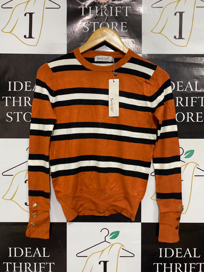 SUNNY GIRL |S | BUST 16 | A74|  ORANGE STRIPED LONG SLEEVE KNIT SWEATER