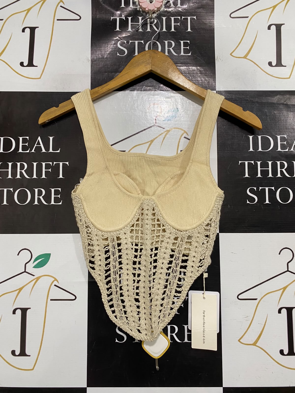 COMMENSE |S | BUST 12 | A74|  BEIGE CROCHET CORSET CROP TOP