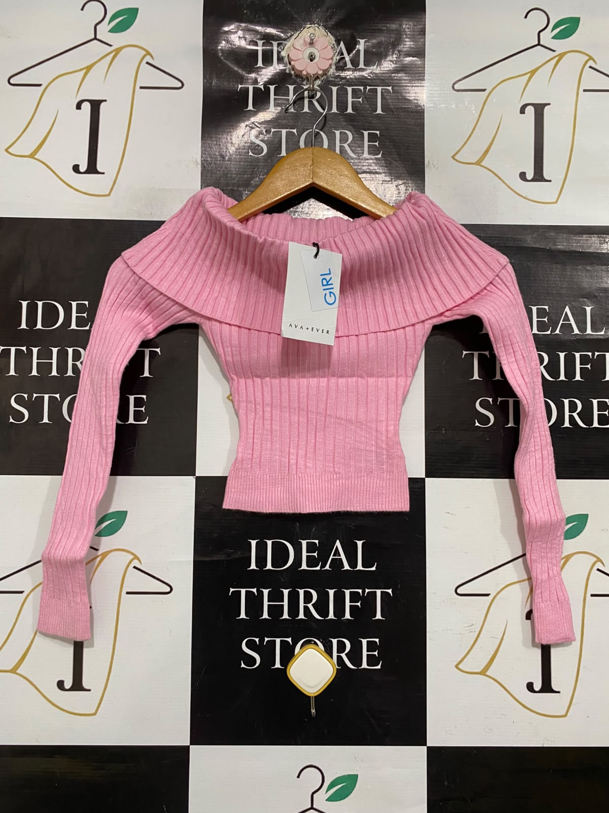 AVA AND EVER |S | BUST 10 | A74|   PINK OFF SHOULDER RIBBED KNIT TOP