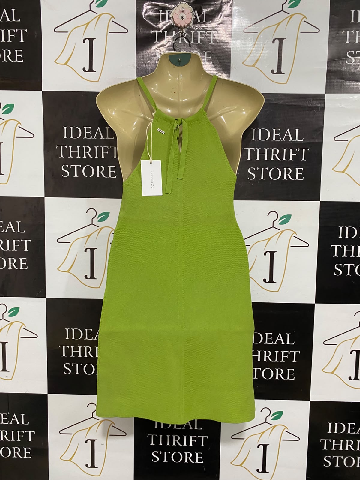 CHANDA |M | BUST 15 | A74|   LIME GREEN RIBBED KNIT DRESS