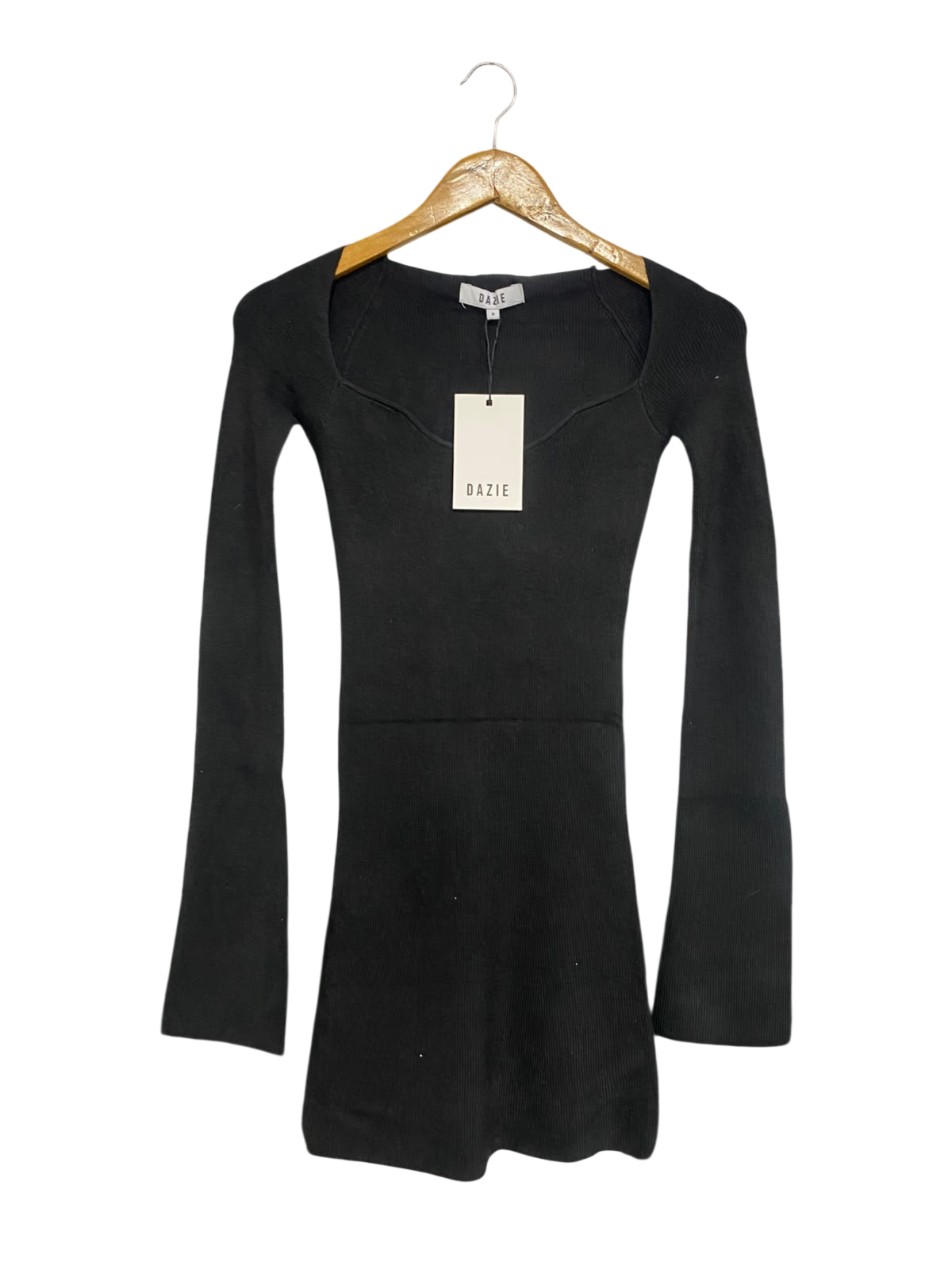 DAZIE |S | BUST 12 | A75 | BLACK RIBBED SWEETHEART NECK LONG SLEEVE MINI DRESS
