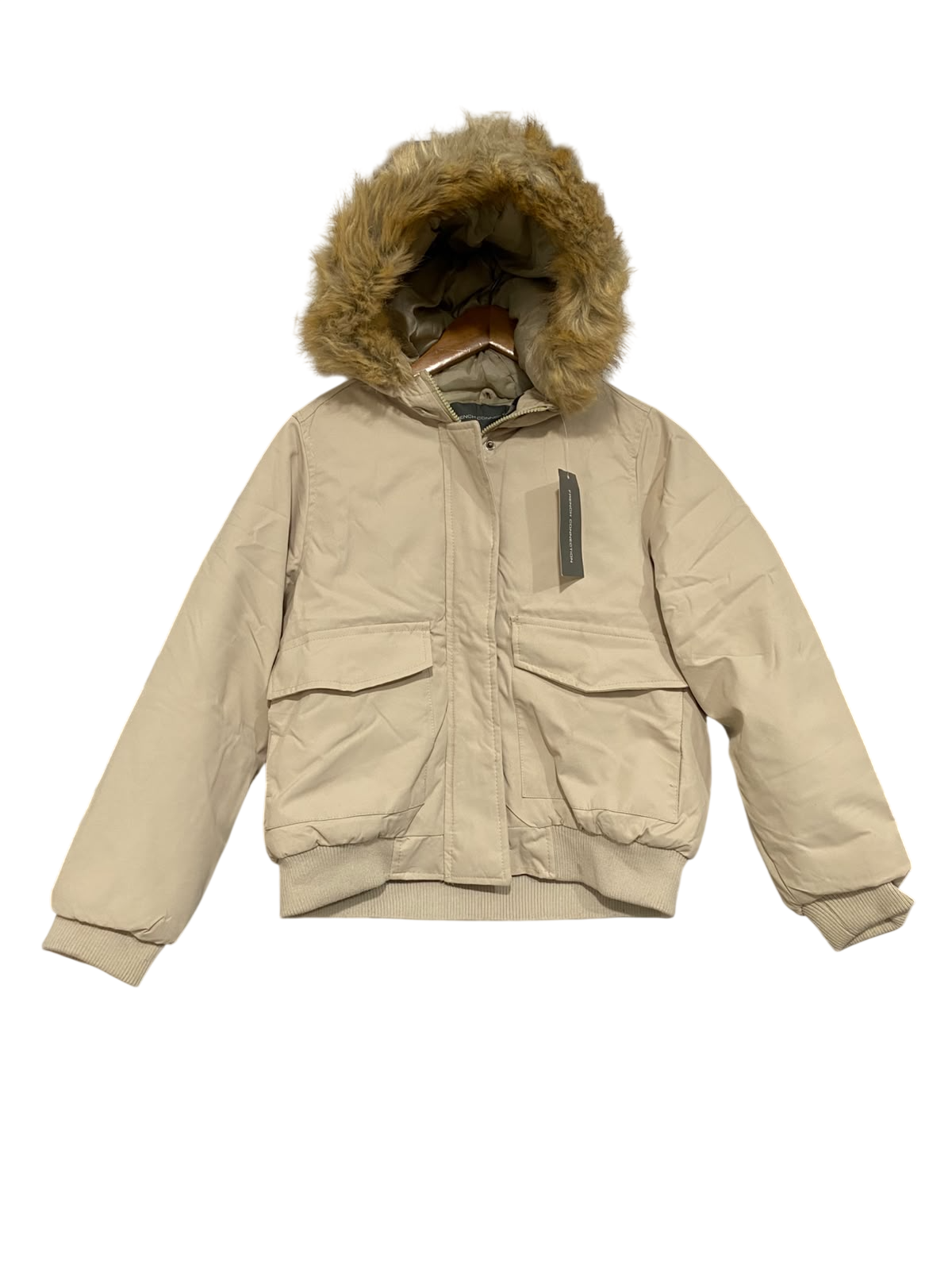 FRENCH CONNECTION |S | BUST 21 | A75 | BEIGE FAUX-FUR HOODED PUFFER JACKET