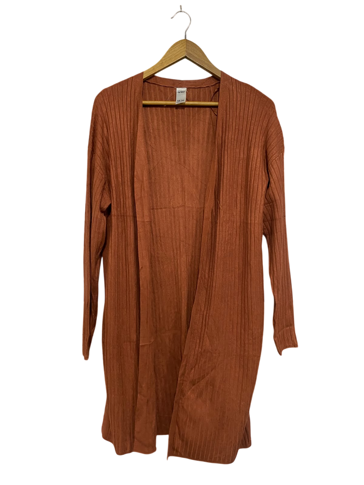 ANKO |XL | BUST 22 | A75 | RUST BROWN RIBBED OPEN-FRONT LONG CARDIGAN