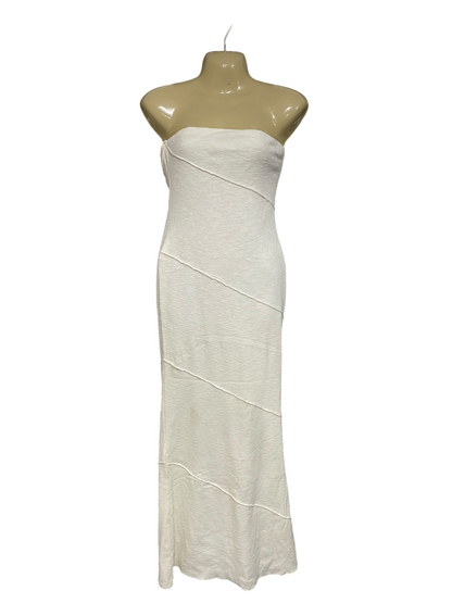 PRINCESS POLLY |S|  BUST 16 | A75 | WHITE TEXTURED STRAINLESS STRAPLESS MAXI DRESS