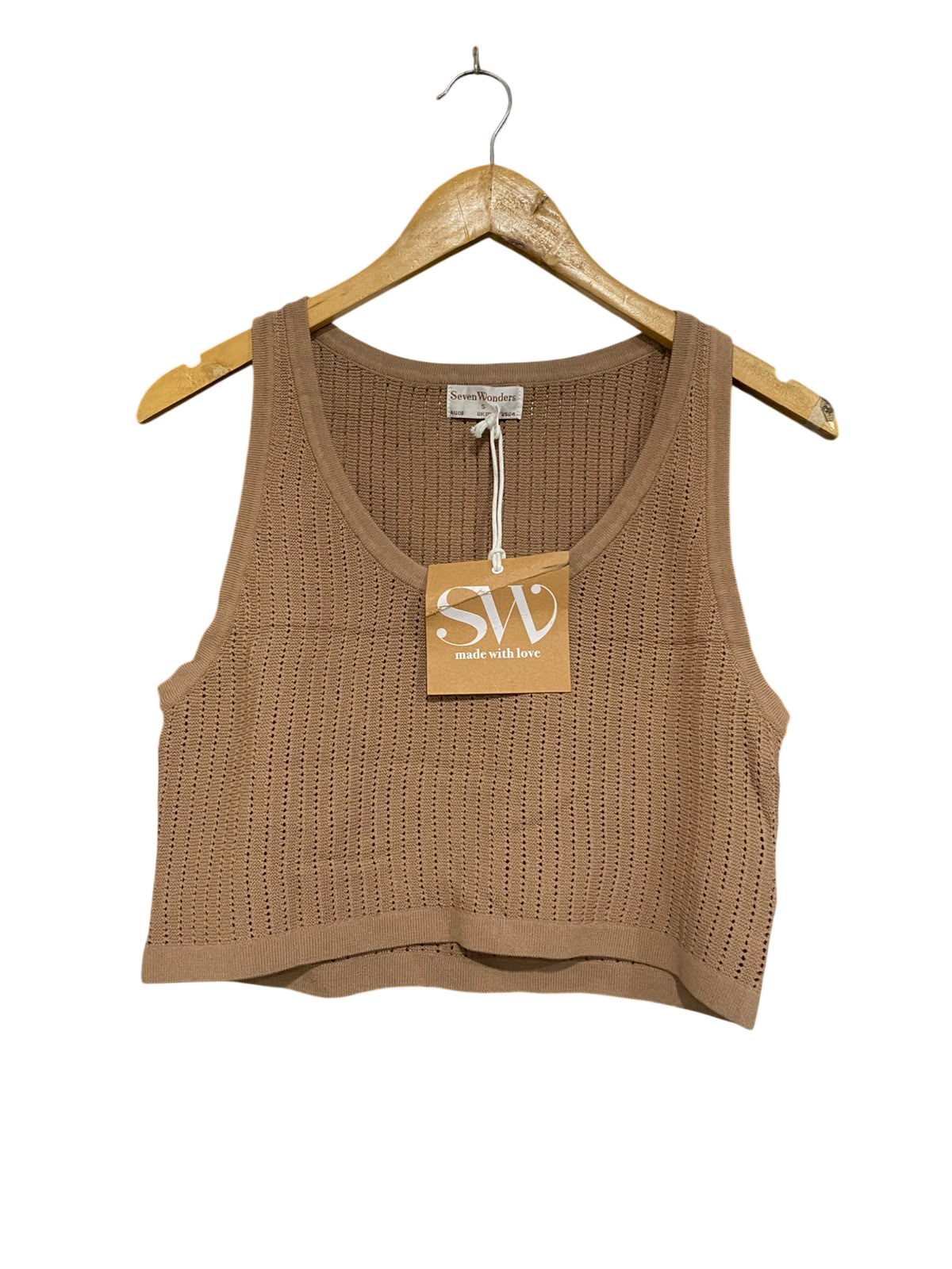 SEVEN WONDERS |S | BUST 16 | A75 | CAMEL BROWN OPEN-KNIT TANK TOP