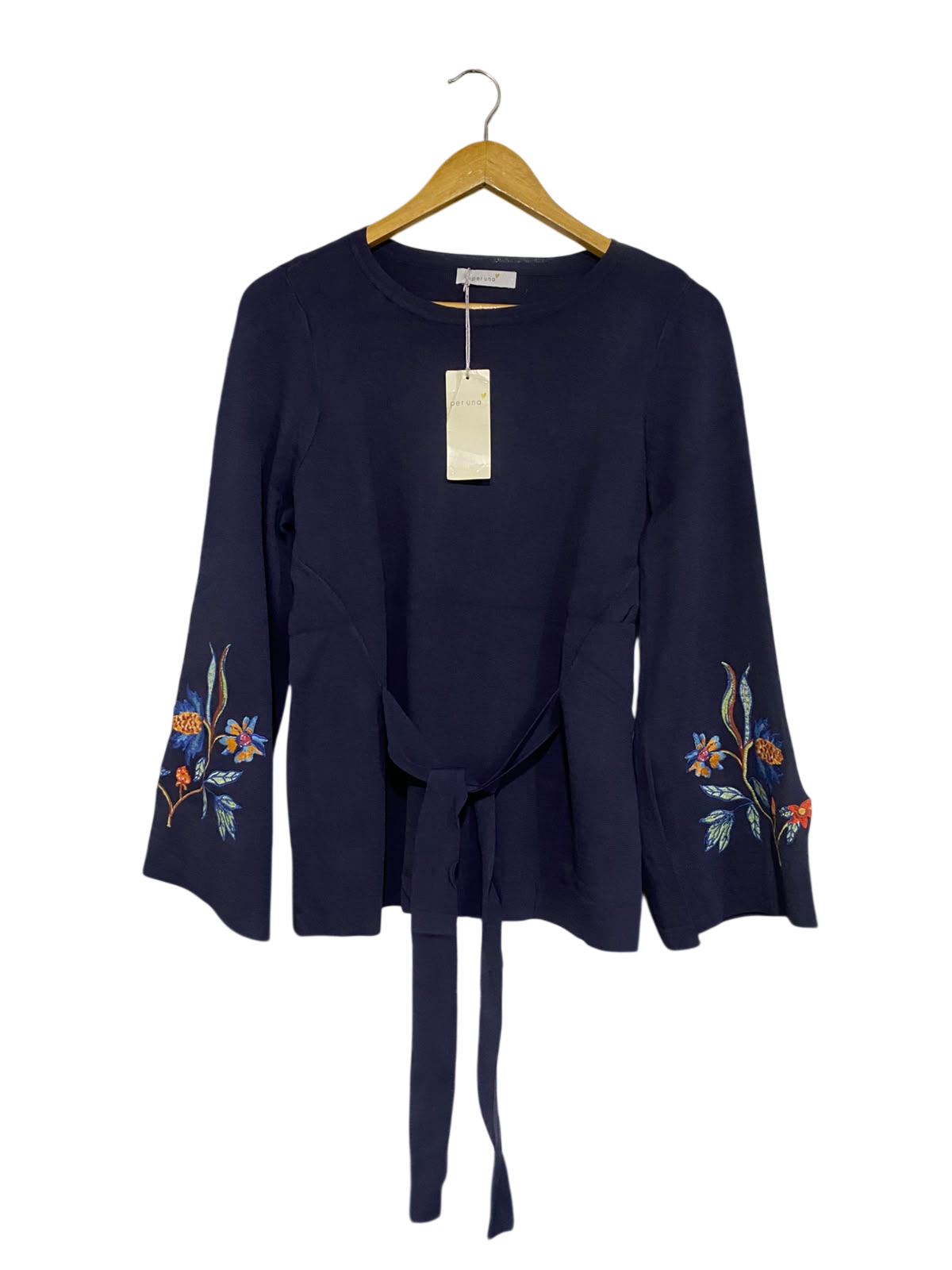 PER UNA |M | BUST 18 | A75 | NAVY BLUE FLORAL EMBROIDERED TIE-WAIST LONG SLEEVE TOP