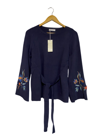 PER UNA |M | BUST 18 | A75 | NAVY BLUE FLORAL EMBROIDERED TIE-WAIST LONG SLEEVE TOP