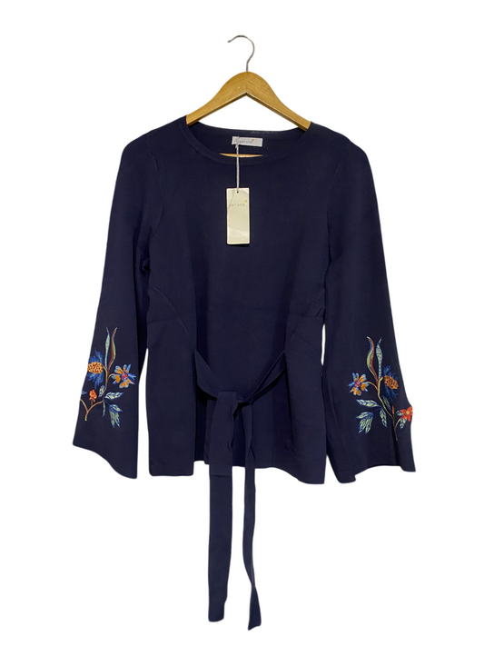 PER UNA |M | BUST 18 | A75 | NAVY BLUE FLORAL EMBROIDERED TIE-WAIST LONG SLEEVE TOP