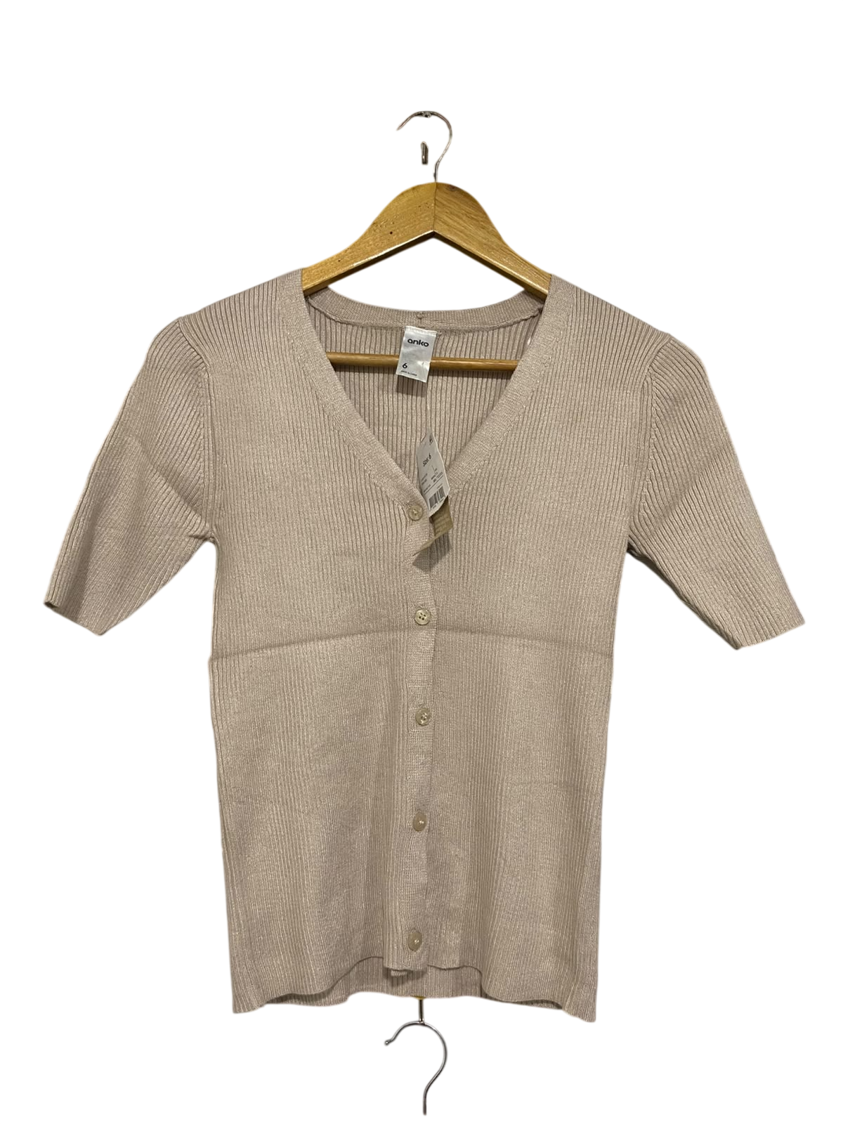 ANKO |XS | BUST 13 | A75 | BEIGE RIBBED BUTTON-UP SHORT SLEEVE KNIT TOP