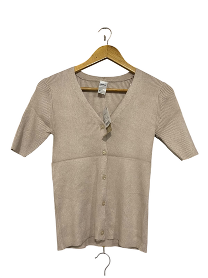 ANKO |XS | BUST 13 | A75 | BEIGE RIBBED BUTTON-UP SHORT SLEEVE KNIT TOP