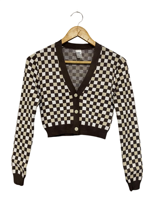 ANKO |XS | BUST 14 | A75 | BROWN AND WHITE CHECKERBOARD BUTTON-UP CARDIGAN