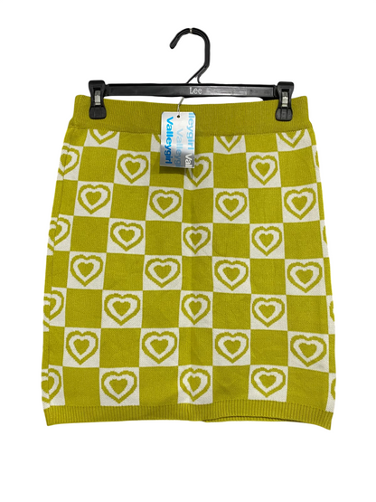 VALLEYGIRL |S | WAIST 28 | A75 | OLIVE GREEN AND WHITE CHECKERBOARD HEART PATTERN KNIT SKIRT