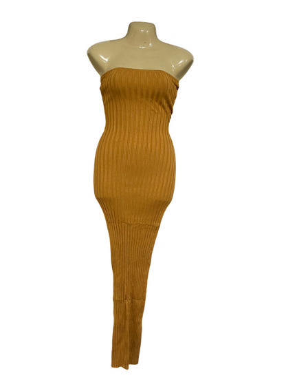LIONESS |XS | BUST 15 | A75 | MUSTARD BROWN RIBBED STRAPLESS TUBE MAXI DRESS