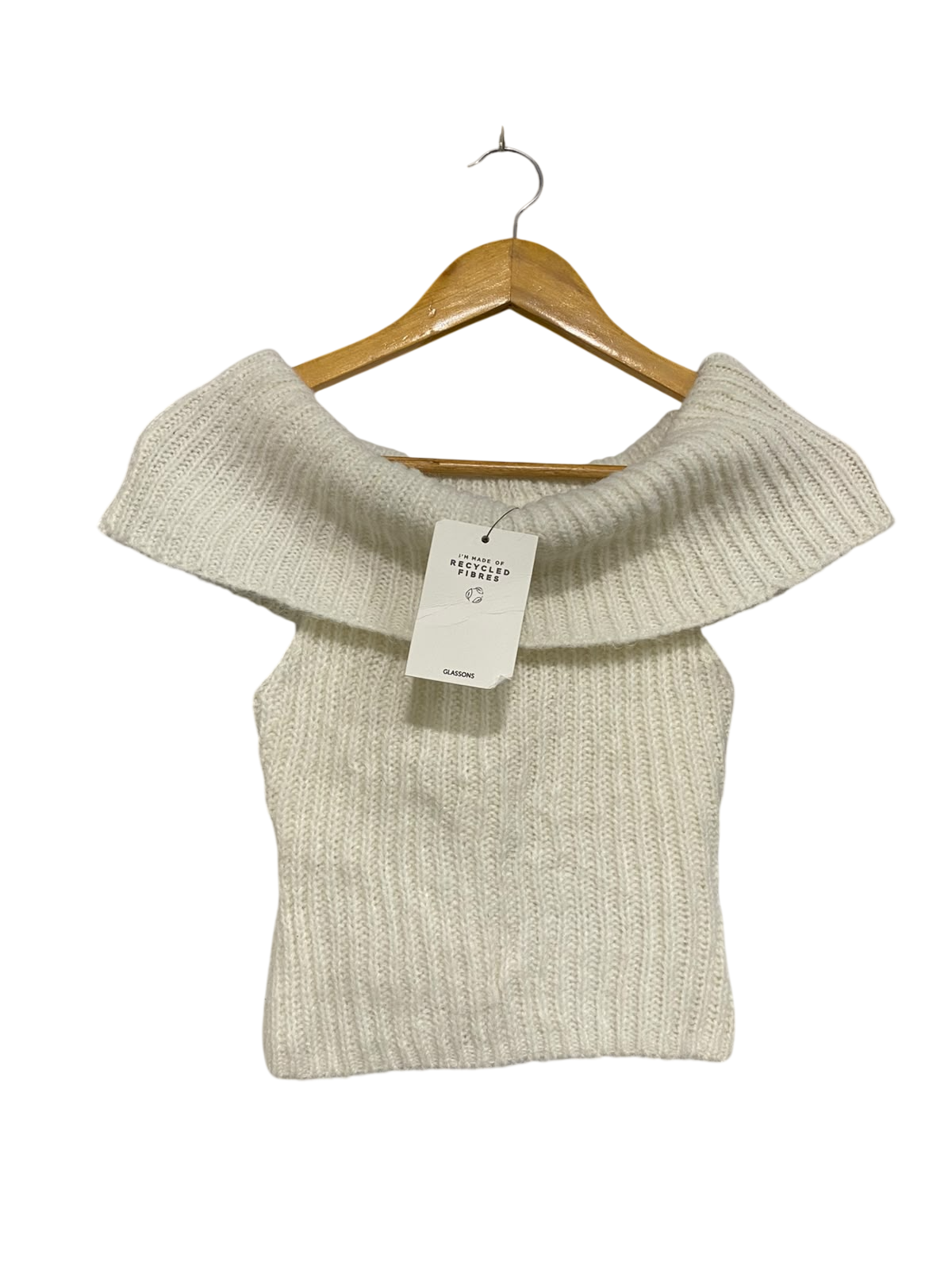 GLASSONS |XS | BUST 12| A75 | WHITE RIBBED OFF-SHOULDER FOLDOVER COLLAR KNIT TOP