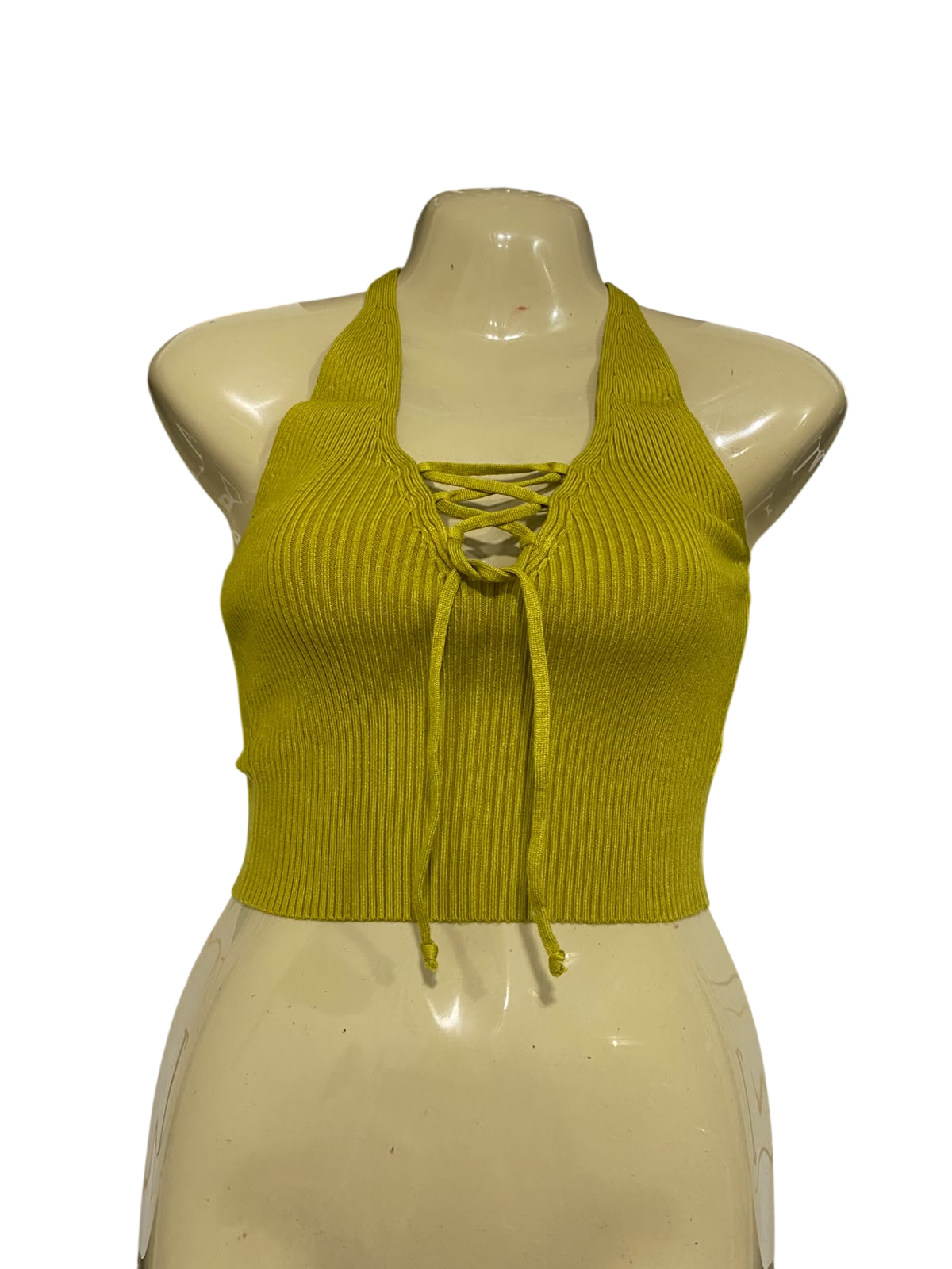 PERSONALITY GIRL |S | BUST 15 | A75 | OLIVE GREEN RIBBED LACE-UP HALTER NECK CROP TOP