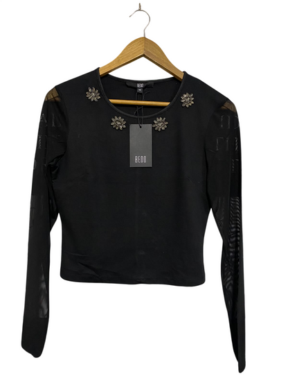 BEDO |M | BUST 17 | A75 | BLACK LONG SLEEVE JEWEL EMBELLISHED MESH ACCENT TOP