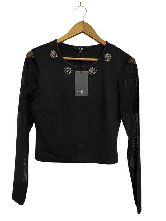 BEDO |M | BUST 17 | A75 | BLACK LONG SLEEVE JEWEL EMBELLISHED MESH ACCENT TOP
