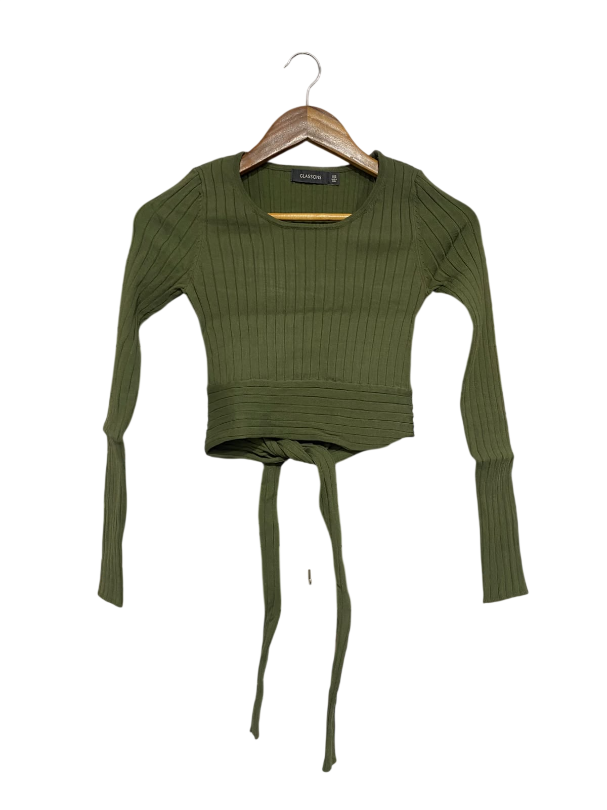 GLASSONS |XS | BUST 13 | A75 | OLIVE GREEN RIBBED LONG SLEEVE WRAP-TIE CROP TOP