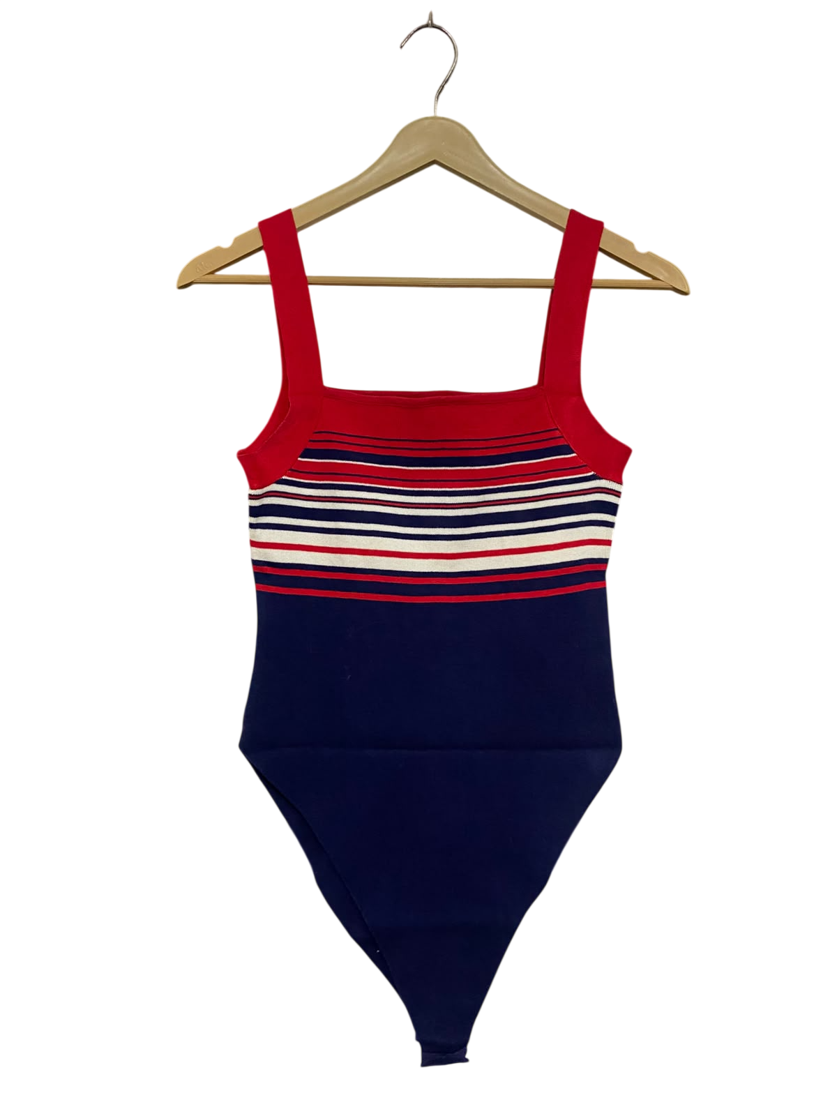 MISS VALLEY |S | BUST 13 | A75 | RED AND NAVY BLUE STRIPED KNITTED BODYSUIT