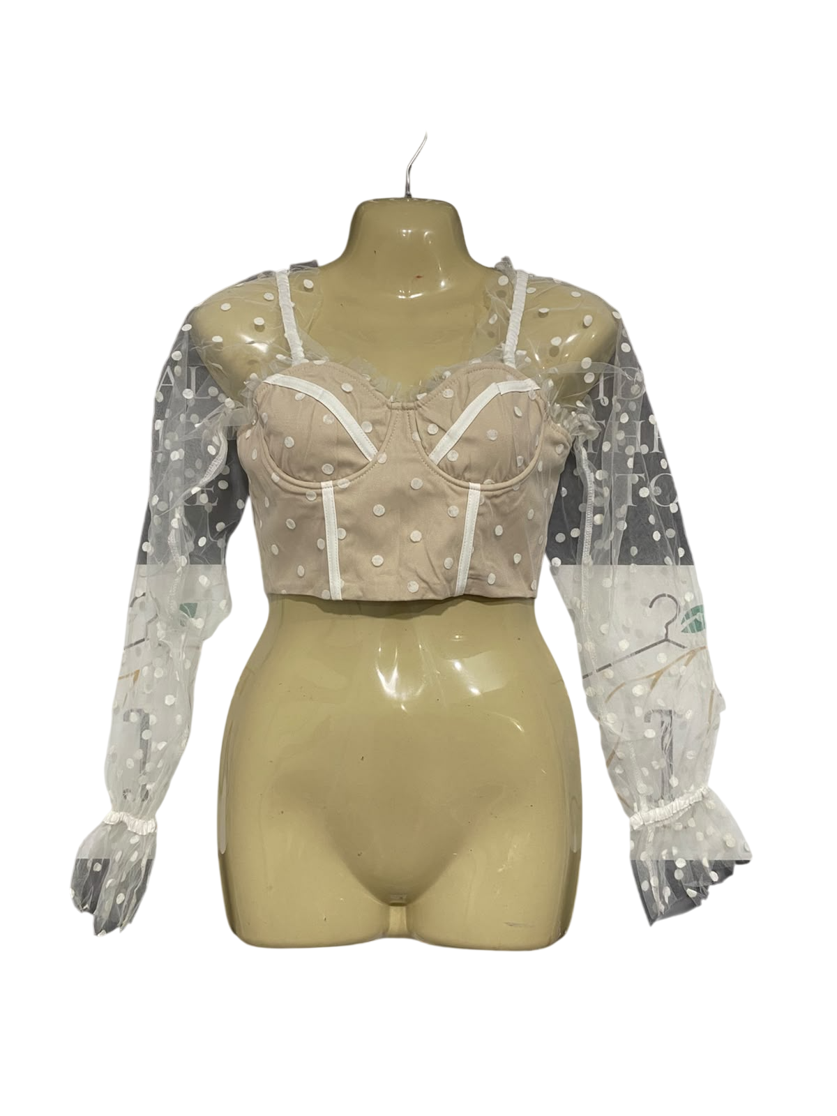 RUNAWAY |XS | BUST 15 | A75 | BEIGE POLKA DOT MESH LONG SLEEVE CORSET TOP