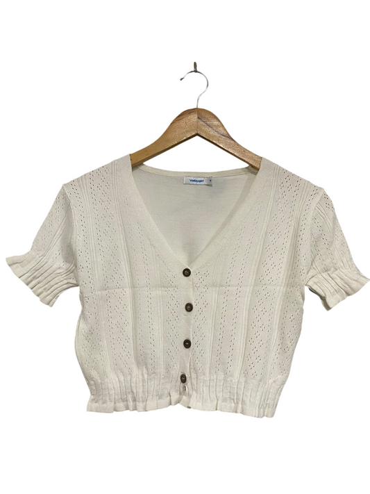 VALLEYGIRL |M | BUST 16 | A75 | WHITE POINTELLE KNIT V-NECK BUTTON-UP TOP