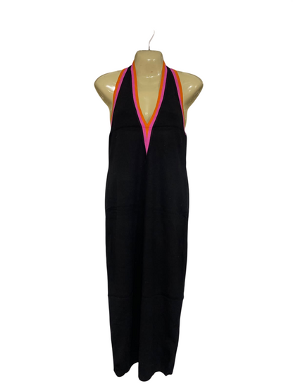 SEVEN WONDERS |XL | BUST 16 | A76 | BLACK HALTER NECK COLORBLOCK MAXI DRESS