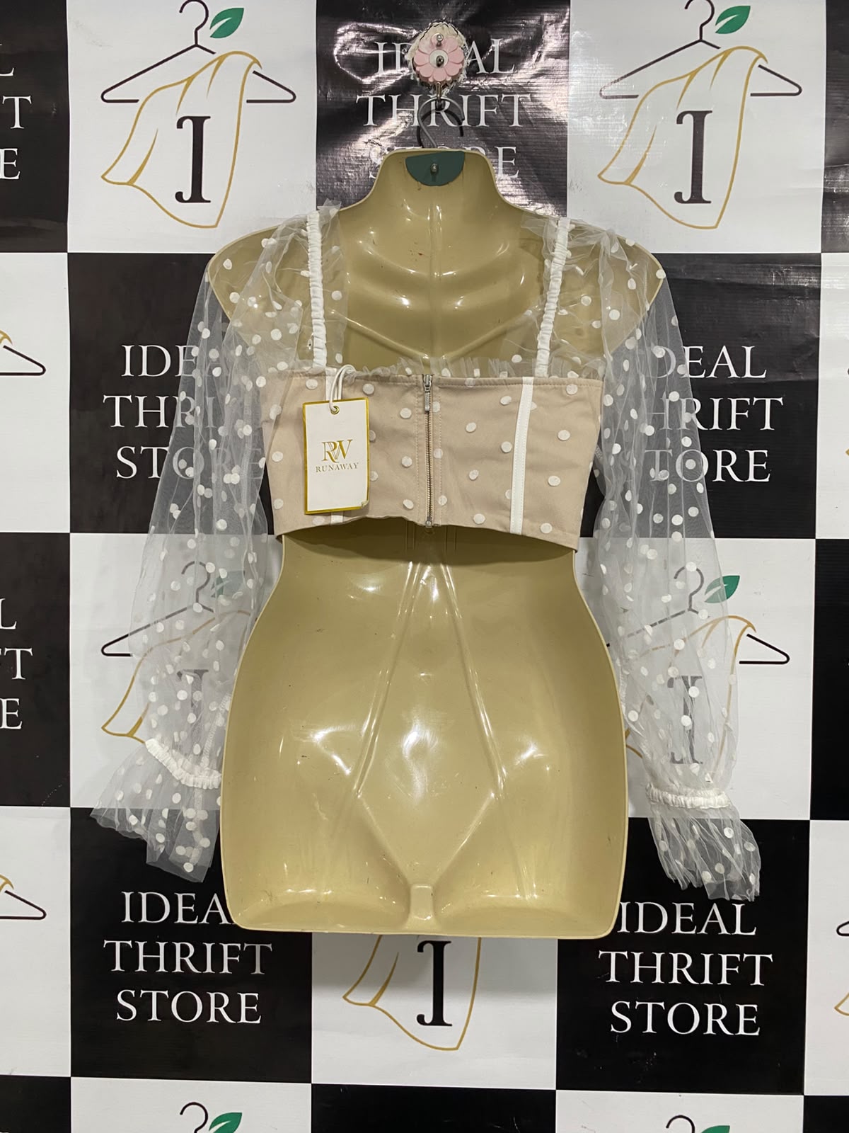 RUNAWAY |XS | BUST 15 | A75 | BEIGE POLKA DOT MESH LONG SLEEVE CORSET TOP