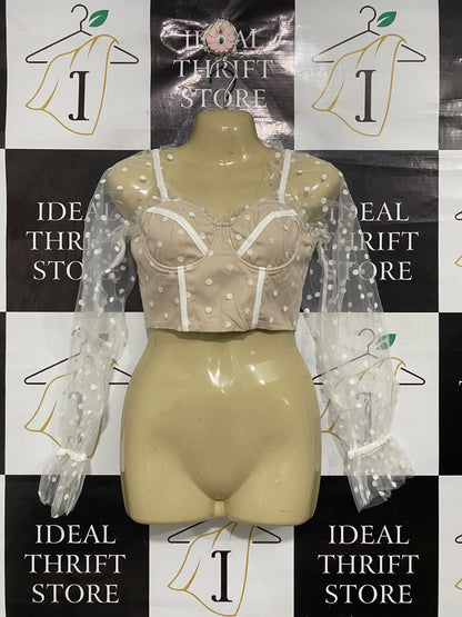 RUNAWAY |XS | BUST 15 | A75 | BEIGE POLKA DOT MESH LONG SLEEVE CORSET TOP