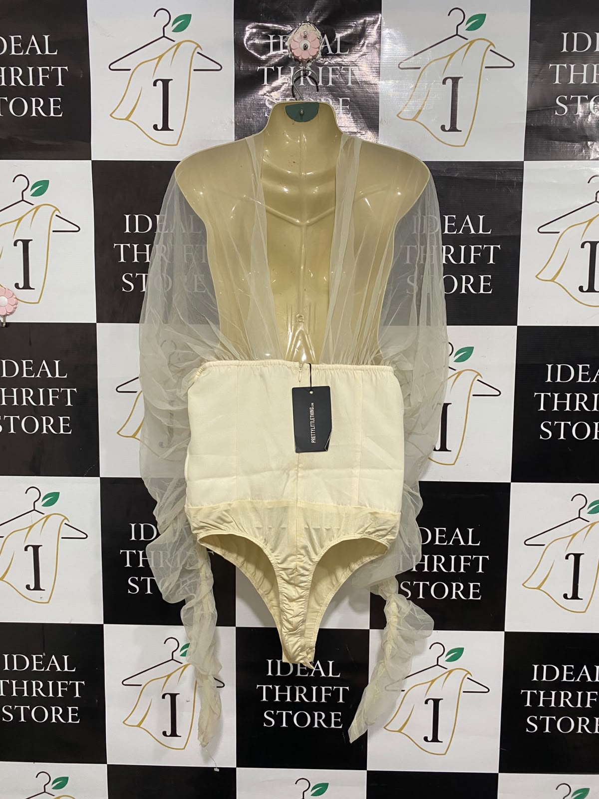 PRETTYLITTLE THING |S | BUST 16 | A75 | CREAM SHEER MESH RUFFLE BODYSUIT
