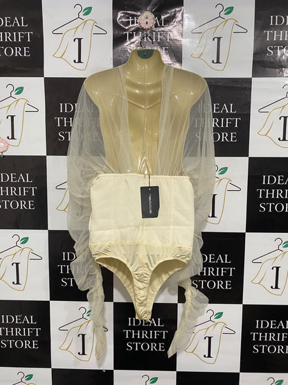 PRETTYLITTLE THING |S | BUST 16 | A75 | CREAM SHEER MESH RUFFLE BODYSUIT